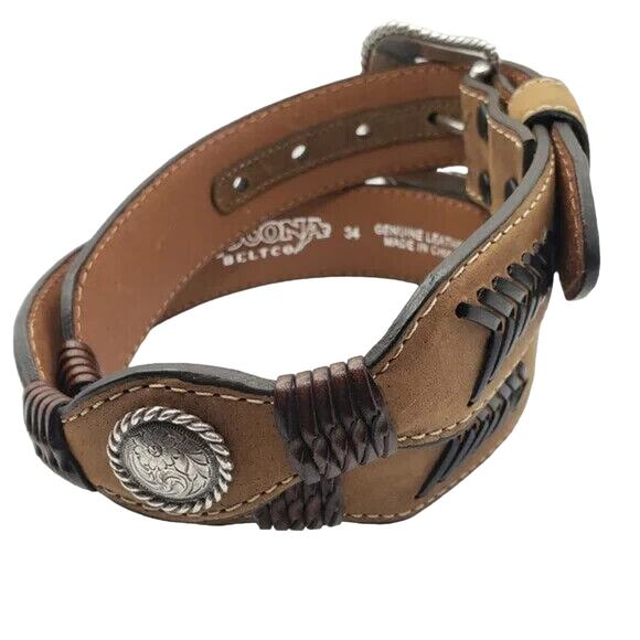 Nocona Tan Brown Leather Western Belt Braided Concho Silver Tooled Buckle Sz 26 - Picture 2 of 12